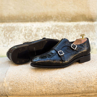 Ambrogio 3644 Men's Shoes Black Exotic Alligator Monk-Straps Loafers (AMB1125)-AmbrogioShoes