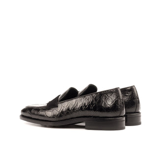Ambrogio 3704 Men's Shoes Black Exotic Alligator / Suede / Calf-Skin Leather Penny Loafers (AMB1122)-AmbrogioShoes