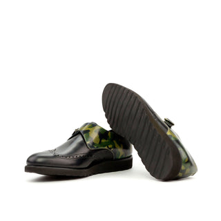 Ambrogio 3602 Men's Shoes Black & Khaki Green Polised / Patina Leather Monk-Straps Loafers (AMB1064)-AmbrogioShoes