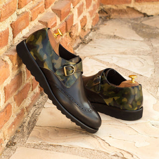 Ambrogio 3602 Men's Shoes Black & Khaki Green Polised / Patina Leather Monk-Straps Loafers (AMB1064)-AmbrogioShoes