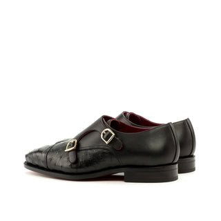 Ambrogio 3497 Men's Shoes Black Ostrich / Calf-Skin Leather Monk-Straps Loafers (AMB1117)-AmbrogioShoes