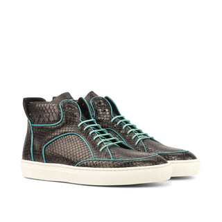 Ambrogio 3903 Men's Shoes Black & Turquoise Exotic Snake-Skin / Suede /Calf-Skin Leather High-Top Sneakers (AMB1129)-AmbrogioShoes