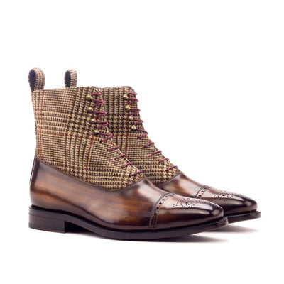 Ambrogio 3304 Men's Shoes Brown & Beige Tweed Sartorial / Patina Leather Balmoral Boots(AMB1138)-AmbrogioShoes
