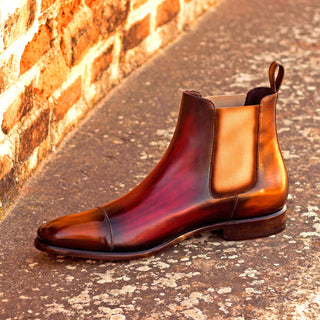 Ambrogio 3215 Men's Shoes Cognac & Burgundy Crust Patina Leather Cap-Toe Chelsea Boots (AMB1029)-AmbrogioShoes