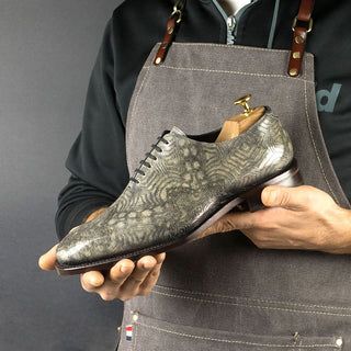 Ambrogio Men's Shoes Gray Ash Chain Texture Print / Patina Leather Wholecut Plain Oxfords (AMB1632)-AmbrogioShoes