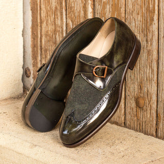 Ambrogio 3712 Men's Shoes Green Texture Print / Polished Calf-Skin Leather Monk-Strap Loafers (AMB1218)-AmbrogioShoes