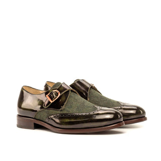 Ambrogio 3712 Men's Shoes Green Texture Print / Polished Calf-Skin Leather Monk-Strap Loafers (AMB1218)-AmbrogioShoes