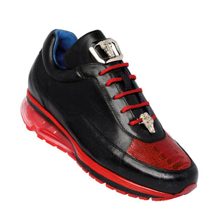 Belvedere E01 Flash Men's Shoes Black & Red Exotic Ostrich / Calf-Skin Leather Casual Sneakers (BV2966)-AmbrogioShoes