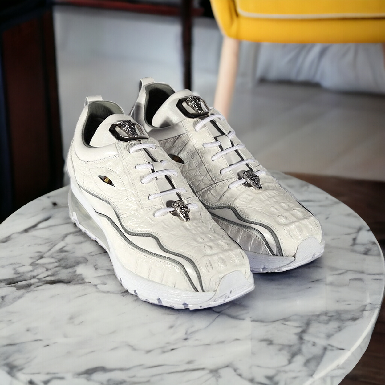 Belvedere E04 Rexy Men s Shoes White Exotic Crocodile Calf Skin Leather Eyes Casual Tennis Sneakers BVS3032