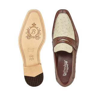 Belvedere Espada 02440 Men's Shoes Tabacco & Cream Exotic Genuine Ostrich Split-Toe Penny Loafers (BV3155)-AmbrogioShoes