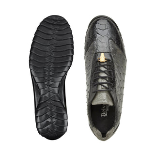 Belvedere Lando 33628 Men's Shoes Black & Gray Exotic Ostrich Leg Lace-Up Casual Sneakers (BV3127)-AmbrogioShoes