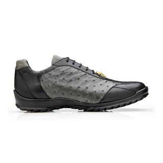 Belvedere Lando 33628 Men's Shoes Black & Gray Exotic Ostrich Leg Lace-Up Casual Sneakers (BV3127)-AmbrogioShoes