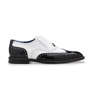 Belvedere N02 Franco Men's Shoes Black & White Exotic Genuine Caiman Crocodile / Calf-Skin Leahter Wingtip Brogue Oxfords (BV3063)-AmbrogioShoes