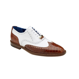 Belvedere N02 Franco Men's Shoes Peanut & White Exotic Genuine Caiman Crocodile / Calf-Skin Leahter Wingtip Brogue Oxfords (BV3064)-AmbrogioShoes