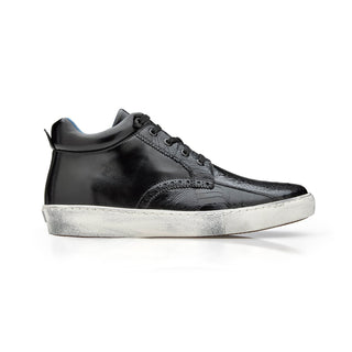 Belvedere Omar Y27 Men's Shoes Black Exotic Ostrich / Calf-Skin Leather Casual High Sneakers (BV3129)-AmbrogioShoes