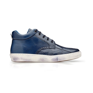 Belvedere Omar Y27 Men's Shoes Navy Exotic Ostrich / Calf-Skin Leather Casual High Sneakers (BV3130)-AmbrogioShoes