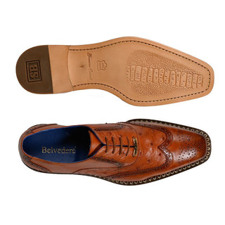 Belvedere R33 Napoli Men's Shoes Antique Brandy Exotic Ostrich / Calf-Skin Leather Oxfords (BV3007)-AmbrogioShoes