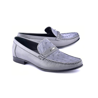 Corrente C0014051-3898Ost Men's Shoes Gray Exotic Ostrich / Deer-Skin Moccasin Loafers (CRT1472)-AmbrogioShoes