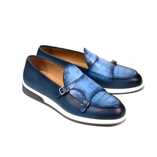 Corrente C0017 4661SP Men's Shoes Blue Crocodile Print / Calf-Skin Leather Monkstraps Loafers (CRT1262)-AmbrogioShoes