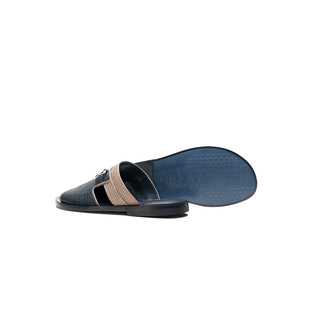 Corrente C001 5827 Men's Shoes Beige & Navy Laser Cut / Calf-Skin Leather Slip-On Sandals (CRT1251)-AmbrogioShoes
