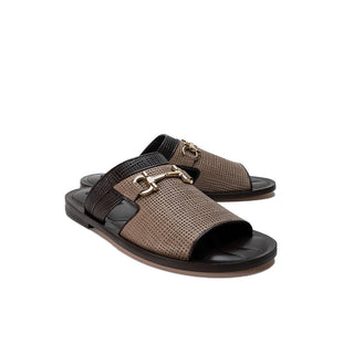 Corrente C002 5827 Men's Shoes Black & Beige Laser Cut / Calf-Skin Leather Slip-On Sandals (CRT1252)-AmbrogioShoes
