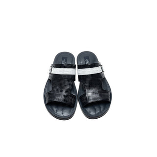 Corrente C003 5828 Men's Shoes Black & Navy Laser Cut / Calf-Skin Leather Slip-On Sandals (CRT1254)-AmbrogioShoes