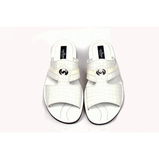 Corrente C0072 5829 Men's Shoes White Crocodile Print / Ostrich Leather Sandals (CRT1269)-AmbrogioShoes
