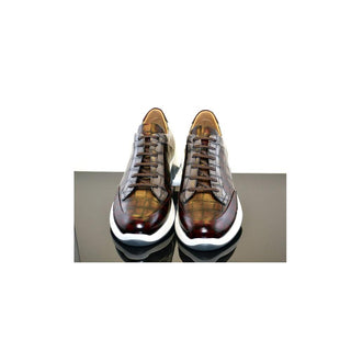 Corrente C034-5569 Men's Shoes Gray & Burgundy Crocodile Print / Calf-Skin Leather Sneakers (CRT1203)-AmbrogioShoes