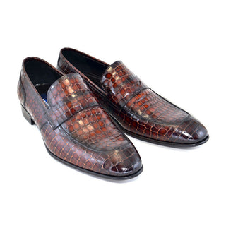 Corrente Men's Shoes Cognac Crocodile Print / Calf-Skin Leather Burnished Toe Penny Loafers 3470 (CRT1114)-AmbrogioShoes