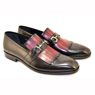 Corrente Men's Shoes Black / Burgundy Calf-Skin Leather Horsebit Loafers 4651 (CRT1128)-AmbrogioShoes