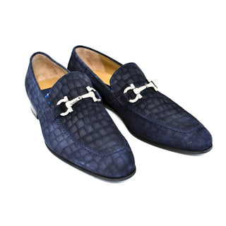 Corrente Men's Shoes Blue Crocodile Print / Suede Leather Horsebit Loafers 4581 (CRT1101)-AmbrogioShoes