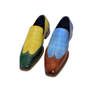Duca Scilla Men's Shoes Cognac/Light Blue Calf-Skin Leather/Croco Print Loafers (D1073)-AmbrogioShoes