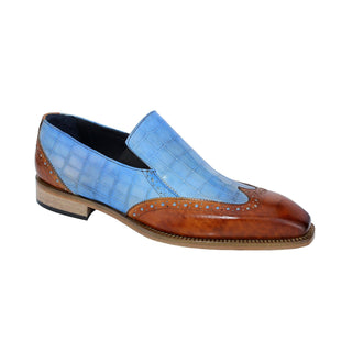 Duca Scilla Men's Shoes Cognac/Light Blue Calf-Skin Leather/Croco Print Loafers (D1073)-AmbrogioShoes