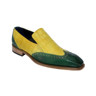 Duca Scilla Men's Shoes Green/Yellow Calf-Skin Leather/Croco Print Loafers (D1074)-AmbrogioShoes