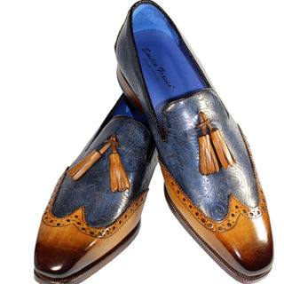 Emilio Franco Silvio Men's Shoes Cognac/Navy Leather/Leather Embossing Loafers (EF1102)-AmbrogioShoes