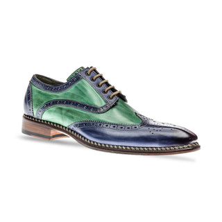 Jose Real Veloce R2318 Men's Shoes Jeans & Green Calf-Skin Leather Wingtip Oxfords (RE2235)-AmbrogioShoes