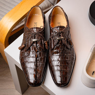 Marco Di Milano Cancun Men's Shoes Brown Exotic Hornback Crocodile Skin Derby Oxfords (MDM1005)-AmbrogioShoes