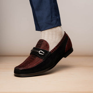Marco Di Milano Hugo Men's Shoes Wine & Black Suede / Ostrich Leg Horsebit Loafers (MDM1056)-AmbrogioShoes