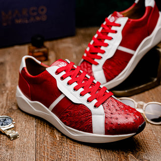 Marco Di Milano Lyon II Men's Shoes Red & White Calf-Skin / Ostrich Leg Casual Sneakers (MDM1069)-AmbrogioShoes