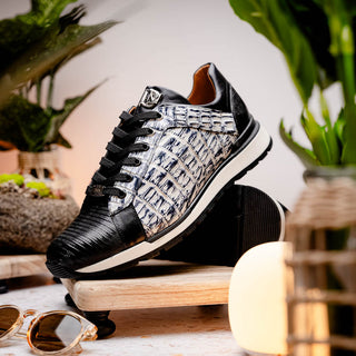 Marco Di Milano Portici Men's Shoes Newspaper & Black Exotic Lizard / Crocodile Casual Sneakers (MDM1014)-AmbrogioShoes