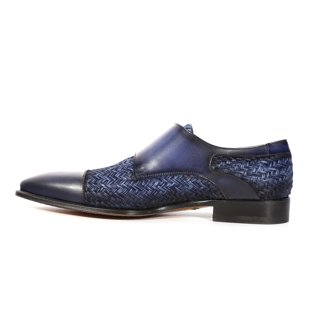 Mezlan Palomar 20688 Men's Shoes Blue Fabric / Calf-Skin Leather Dress/ Formal Monk-Straps Loafers (MZS3623)-AmbrogioShoes