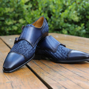 Mezlan Palomar 20688 Men's Shoes Blue Fabric / Calf-Skin Leather Dress/ Formal Monk-Straps Loafers (MZS3623)-AmbrogioShoes