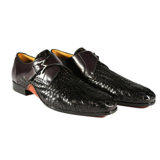 Mezlan S20271 Men's Shoes Black Woven / Calf-Skin Leather Dress Opanka Monk-Straps Loafers (MZS3483)-AmbrogioShoes