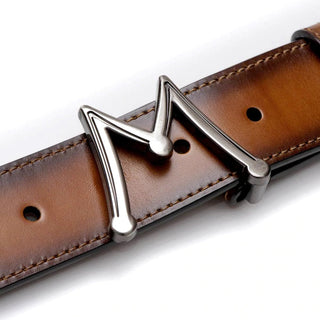 Mezlan SB11462 Honey Patina Calf-Skin Leather Floating Icon Men's Belt (MZB1211)-AmbrogioShoes