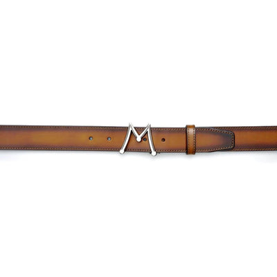 Mezlan SB11462 Honey Patina Calf-Skin Leather Floating Icon Men's Belt (MZB1211)-AmbrogioShoes