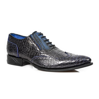 New Rock Men's Shoes Black / Blue Exotic Print / Calf-Skin Leather Classic Oxfords M-NW136-C6 (NR1265)-AmbrogioShoes