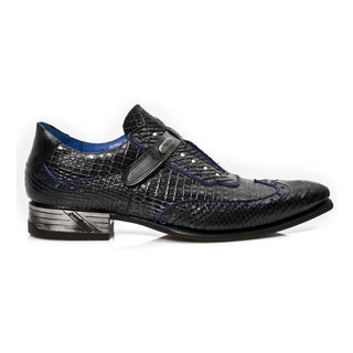 New Rock Men's Shoes Black / Blue Exotic Print / Calf-Skin Leather Loafers M-NW137-C1 (NR1266)-AmbrogioShoes