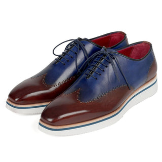 Paul Parkman 187-BRW-BLU Men's Shoes Brown & Blue Calf-Skin Leather Smart Wingtip Oxfords (PM6305)-AmbrogioShoes
