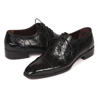 Paul Parkman 24BK85 Men's Shoes Black Exotic Caiman Crocodile Cap-Toe Oxfords (PM6216)-AmbrogioShoes