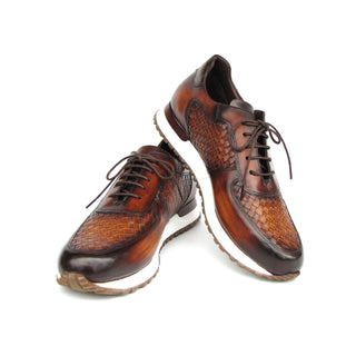 Paul Parkman LW205BRW Men's Shoes Brown Hand-Painted Woven Leather Sneakers (PM6408)-AmbrogioShoes